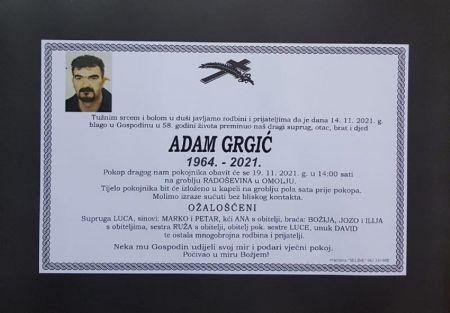 Read more: Sahrana Adama Grgića je  19.11. u 14. sati